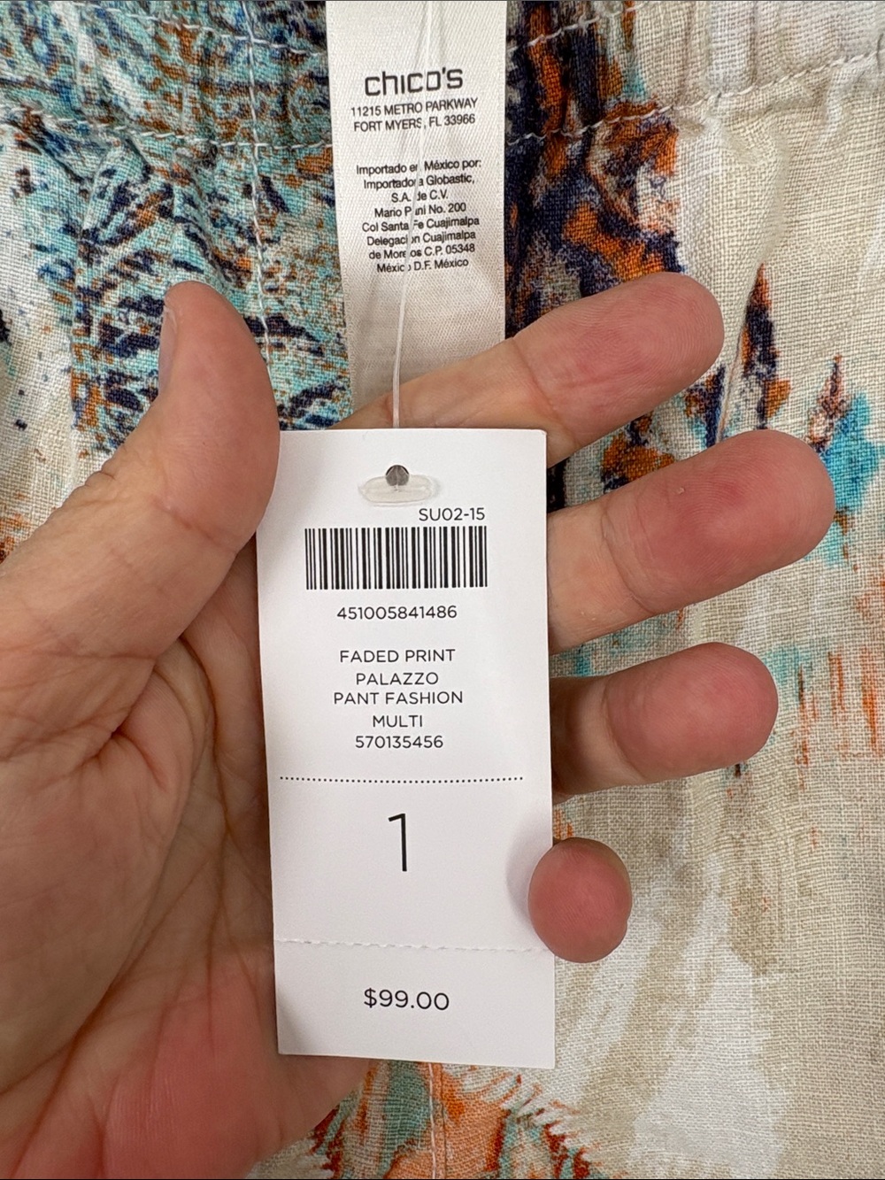 🐩 nwt Chico's linen Cream wide leg Pants with Blue and Orange Paisley print - Picture 4 of 5